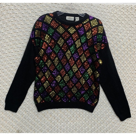 VTG 80s Carriage Court Sweater Women Sz M Black Colorful Sequin Argyle Pullover - Picture 1 of 8